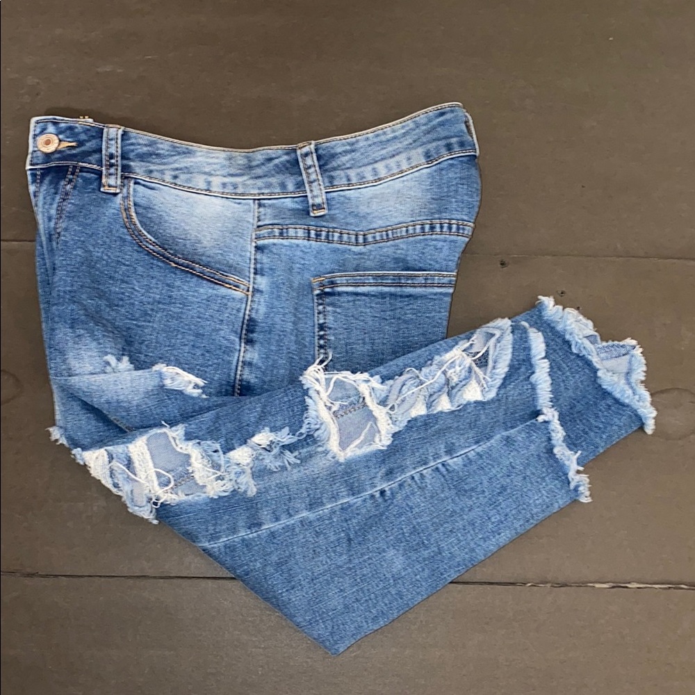 SHEIN Size 28 Blue Skinny Distressed Denim Cutoff Long Shorts
